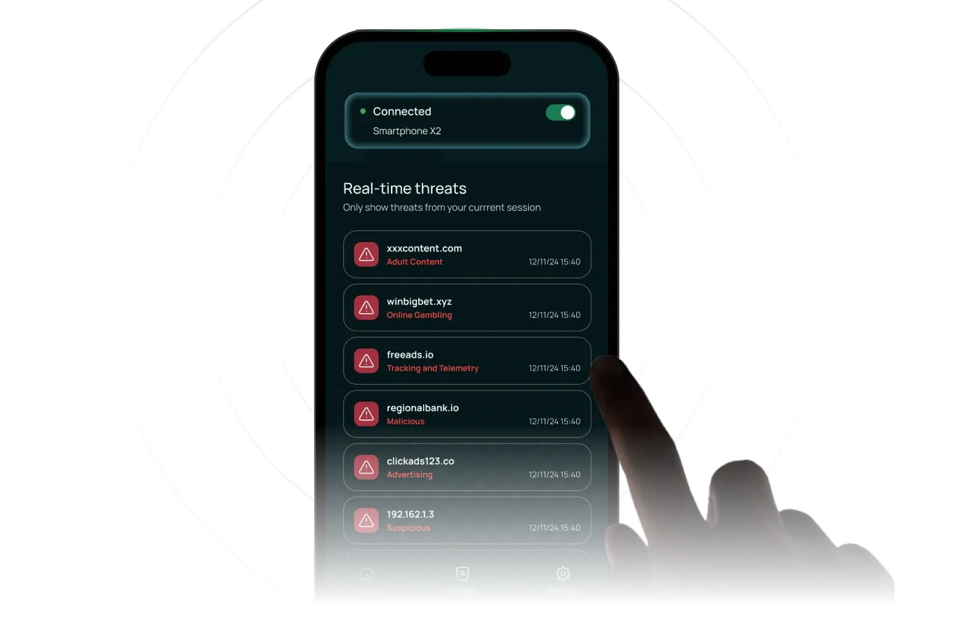 Smartphone displaying IntelliBron Aman mobile protection app interface with real-time threat alerts.