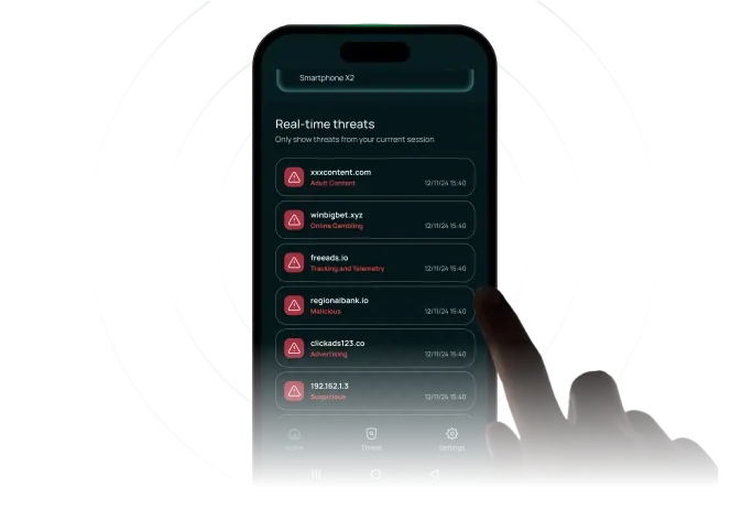 Smartphone displaying IntelliBron Aman mobile protection app interface with real-time threat alerts.