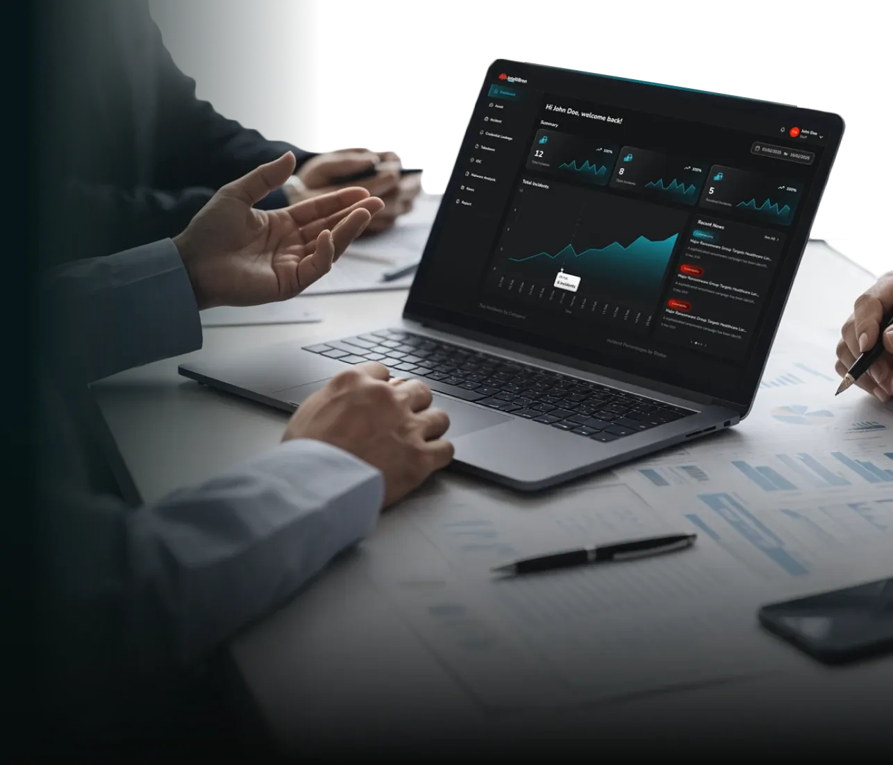 Security professionals analyzing data using IntelliBron managed threat intelligence services.