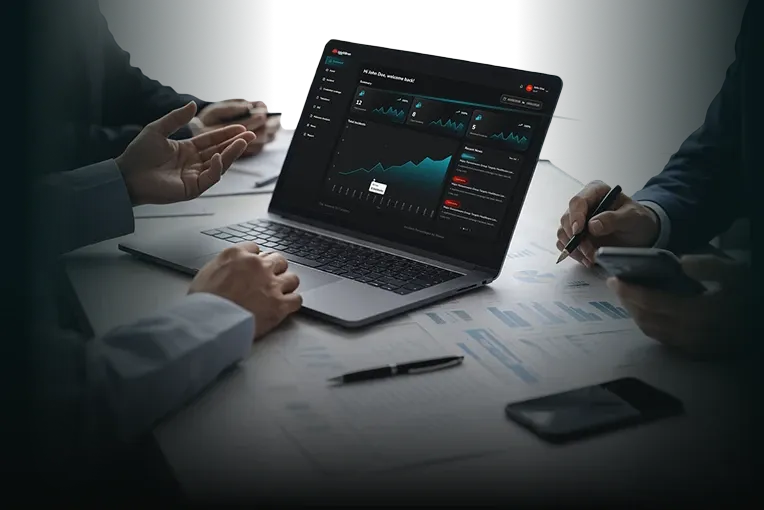 Security professionals analyzing data using IntelliBron managed threat intelligence services.